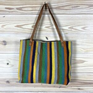 Mexican Woven Shoulder Bag Striped Leather Tote‎ Loom Artisanal Vibrant Purse